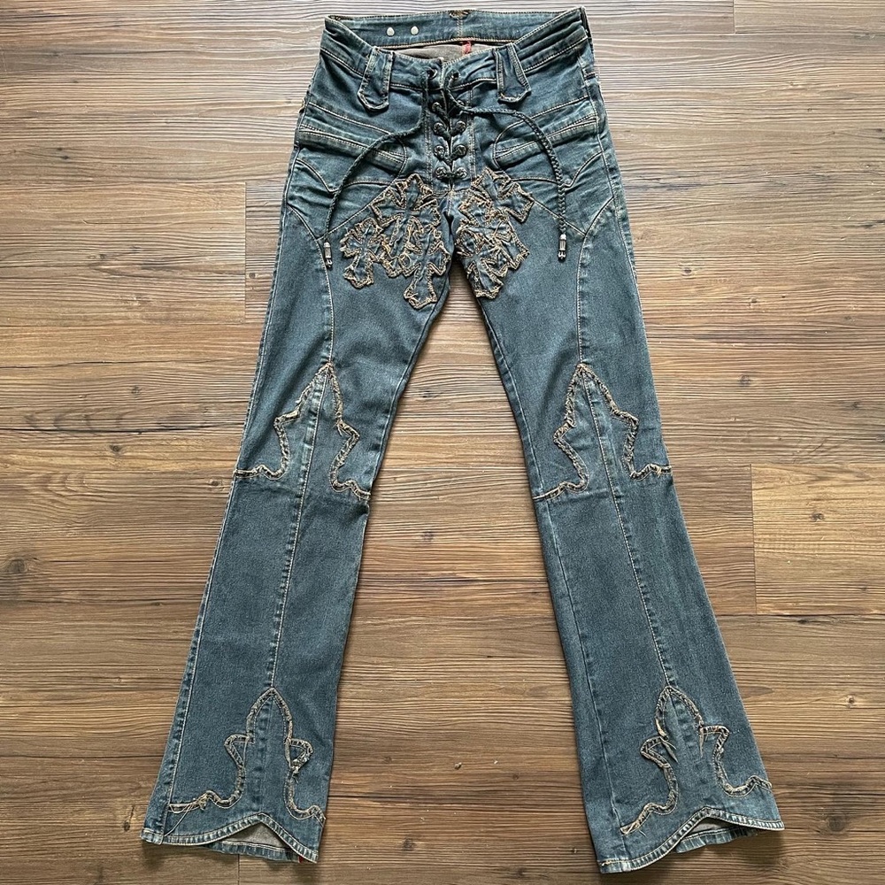 A&G Rock n Roll Couture Fleur Knee Cross Patch Bootcut Flare Pants